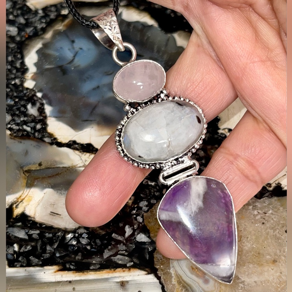 ❌SALE Crack Moonstone ❌ Rose Quartz, Amethyst Crystal Pendant 3 1/4” - Picture 13 of 17